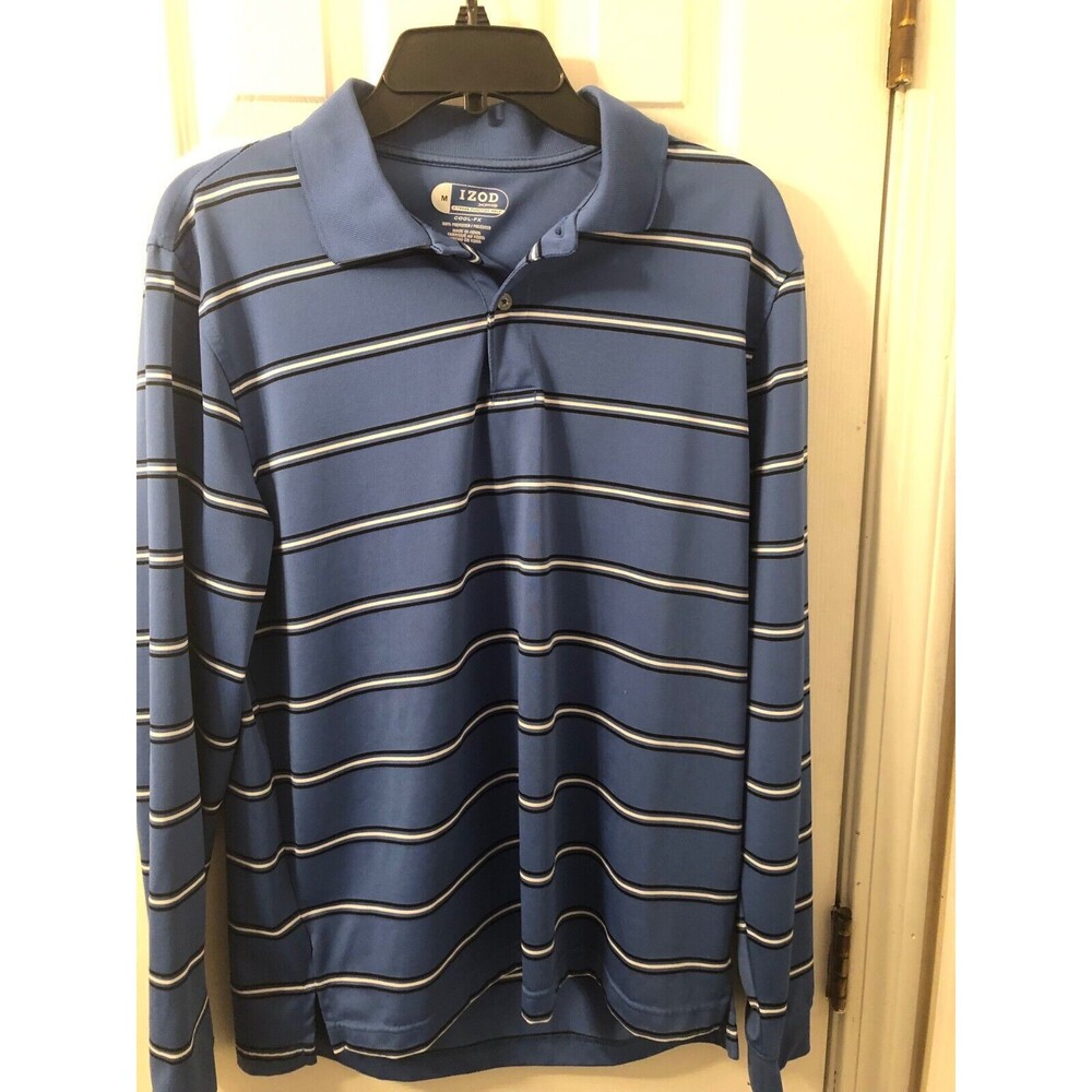 Izod Golf Cool FX Long‎ Sleeve Size Medium Blue with White & Black Stripes
